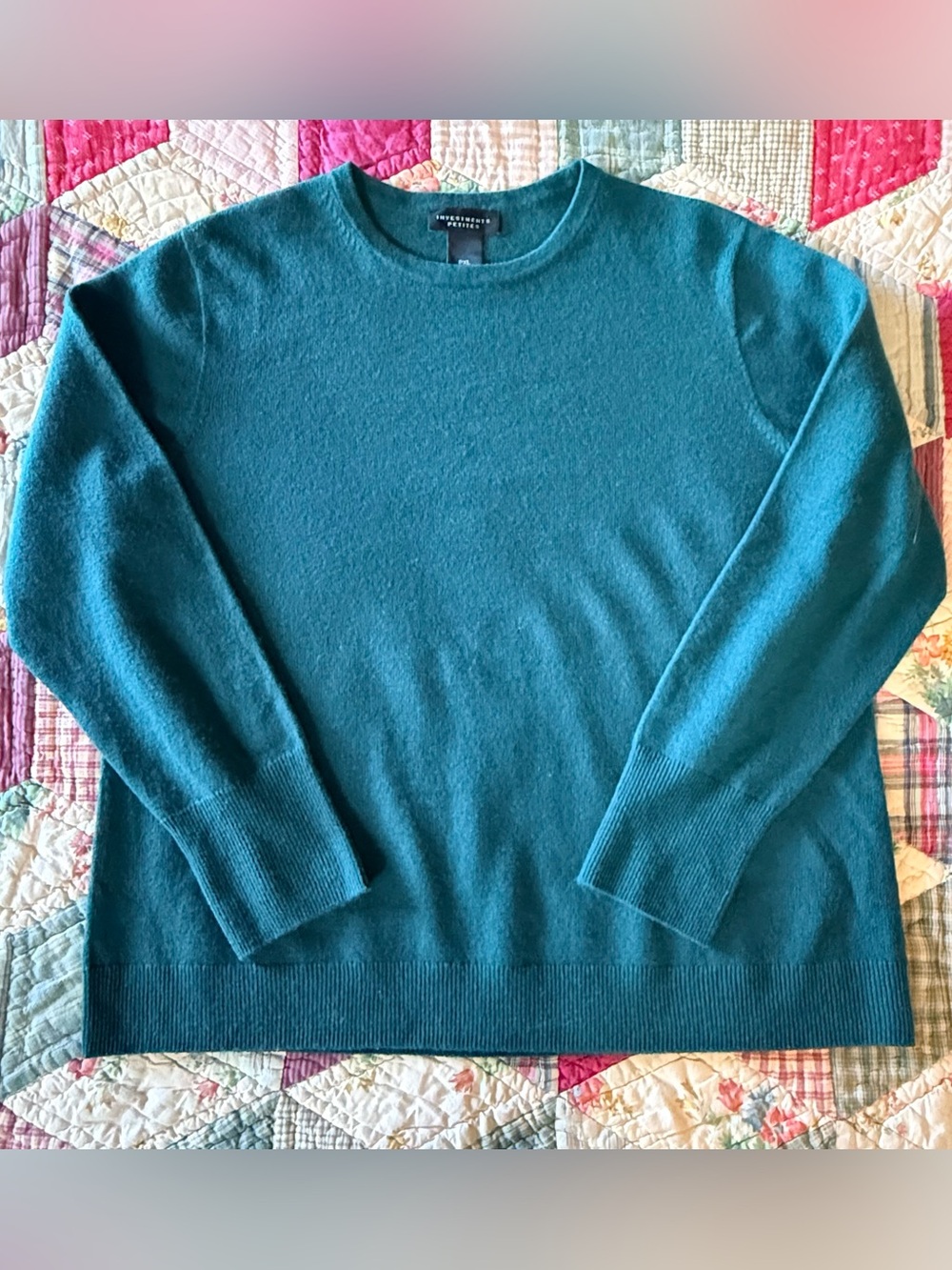 Investments Petites Wool & Cashmere Crewneck Sweater — Teal, Size PXL